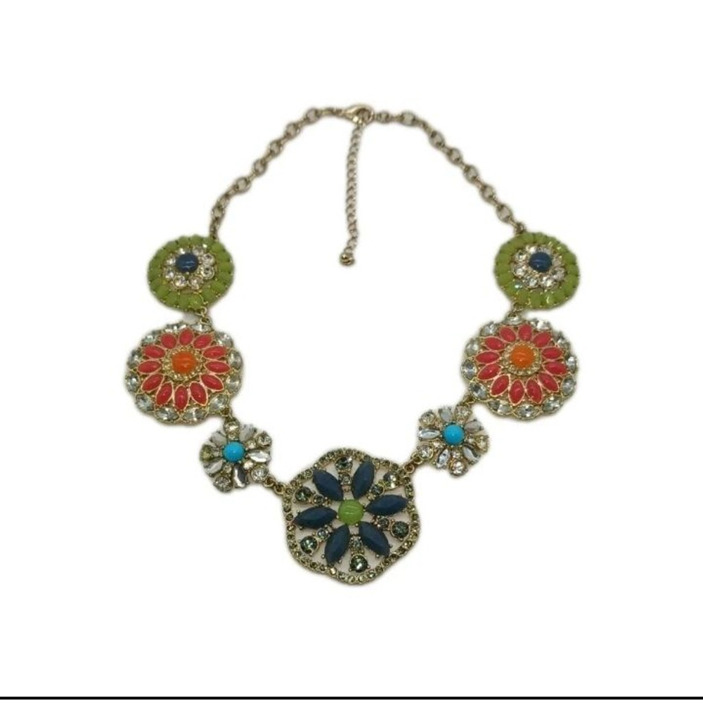 Silver & Gold Tone Multi Color Bead Crystal Flower Medallion Link Necklace